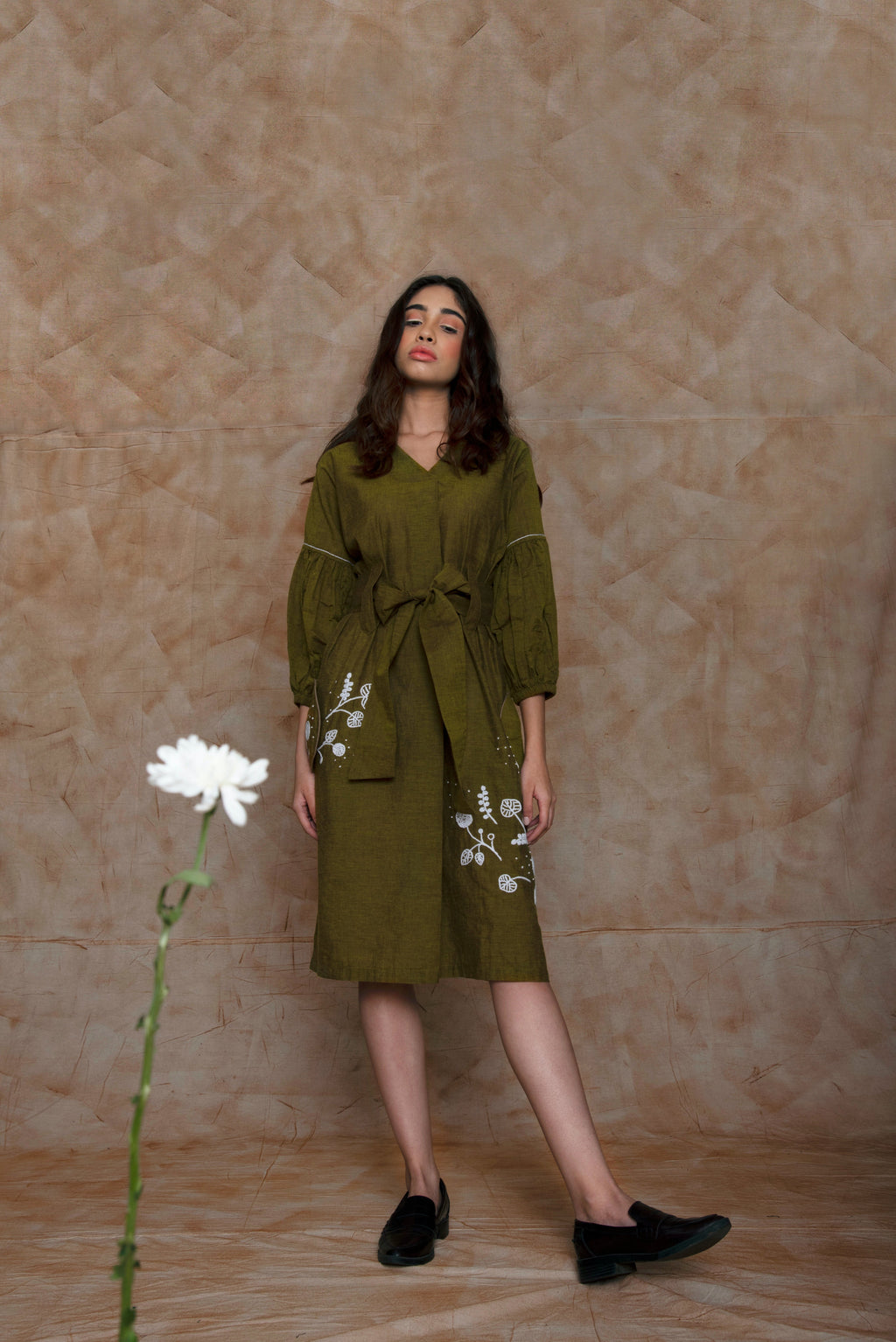 Green Embroidered Midi Dress at Kamakhyaa by Anushé Pirani. This item is Embroidered, Green, Handwoven Cotton, July Sale, July Sale 2023, Midi Dresses, Natural, Ocean of Stories, Office Wear, sale anushe pirani, Short Dresses, Solids, Womenswear
