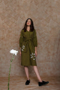 Green Embroidered Midi Dress at Kamakhyaa by Anushé Pirani. This item is Embroidered, Green, Handwoven Cotton, July Sale, July Sale 2023, Midi Dresses, Natural, Ocean of Stories, Office Wear, sale anushe pirani, Short Dresses, Solids, Womenswear
