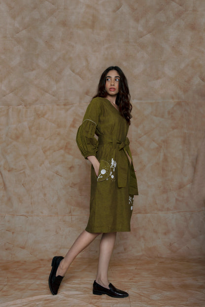 Green Embroidered Midi Dress at Kamakhyaa by Anushé Pirani. This item is Embroidered, Green, Handwoven Cotton, July Sale, July Sale 2023, Midi Dresses, Natural, Ocean of Stories, Office Wear, sale anushe pirani, Short Dresses, Solids, Womenswear