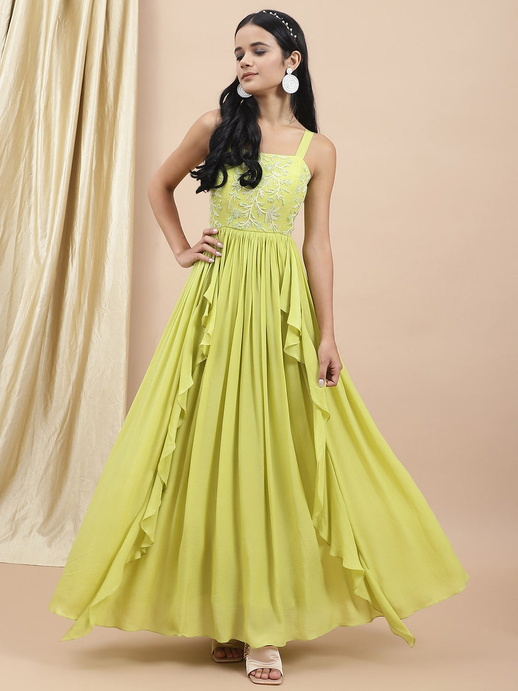 Green Embroidered Ruffle Dress at Kamakhyaa by Ewoke. This item is Bemberg satin, Embroidered, Ewoke, Festive Wear, Green, Natural, Relaxed Fit, Ruffle Dresses, Womenswear