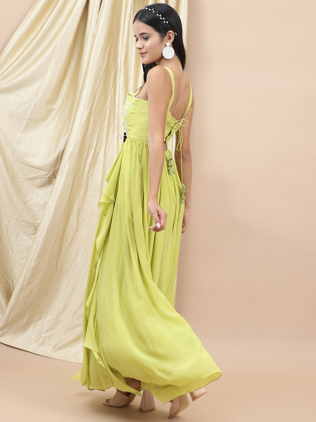 Green Embroidered Ruffle Dress at Kamakhyaa by Ewoke. This item is Bemberg satin, Embroidered, Ewoke, Festive Wear, Green, Natural, Relaxed Fit, Ruffle Dresses, Womenswear