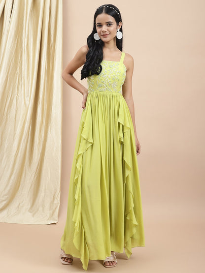 Green Embroidered Ruffle Dress at Kamakhyaa by Ewoke. This item is Bemberg satin, Embroidered, Ewoke, Festive Wear, Green, Natural, Relaxed Fit, Ruffle Dresses, Womenswear