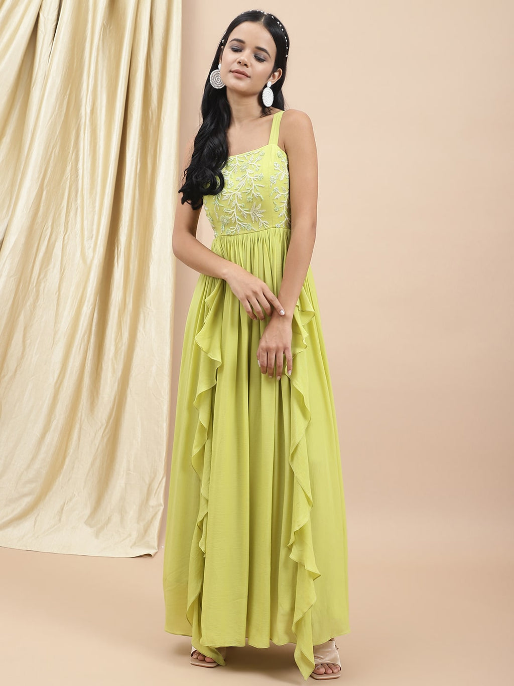 Green Embroidered Ruffle Dress at Kamakhyaa by Ewoke. This item is Bemberg satin, Embroidered, Ewoke, Festive Wear, Green, Natural, Relaxed Fit, Ruffle Dresses, Womenswear