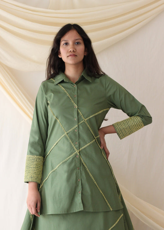 Green Embroidered Shirt at Kamakhyaa by Chambray & Co.. This item is Casual Wear, Cotton, Green, Natural, Regular Fit, Shirts, Solids, Tops, Womenswear