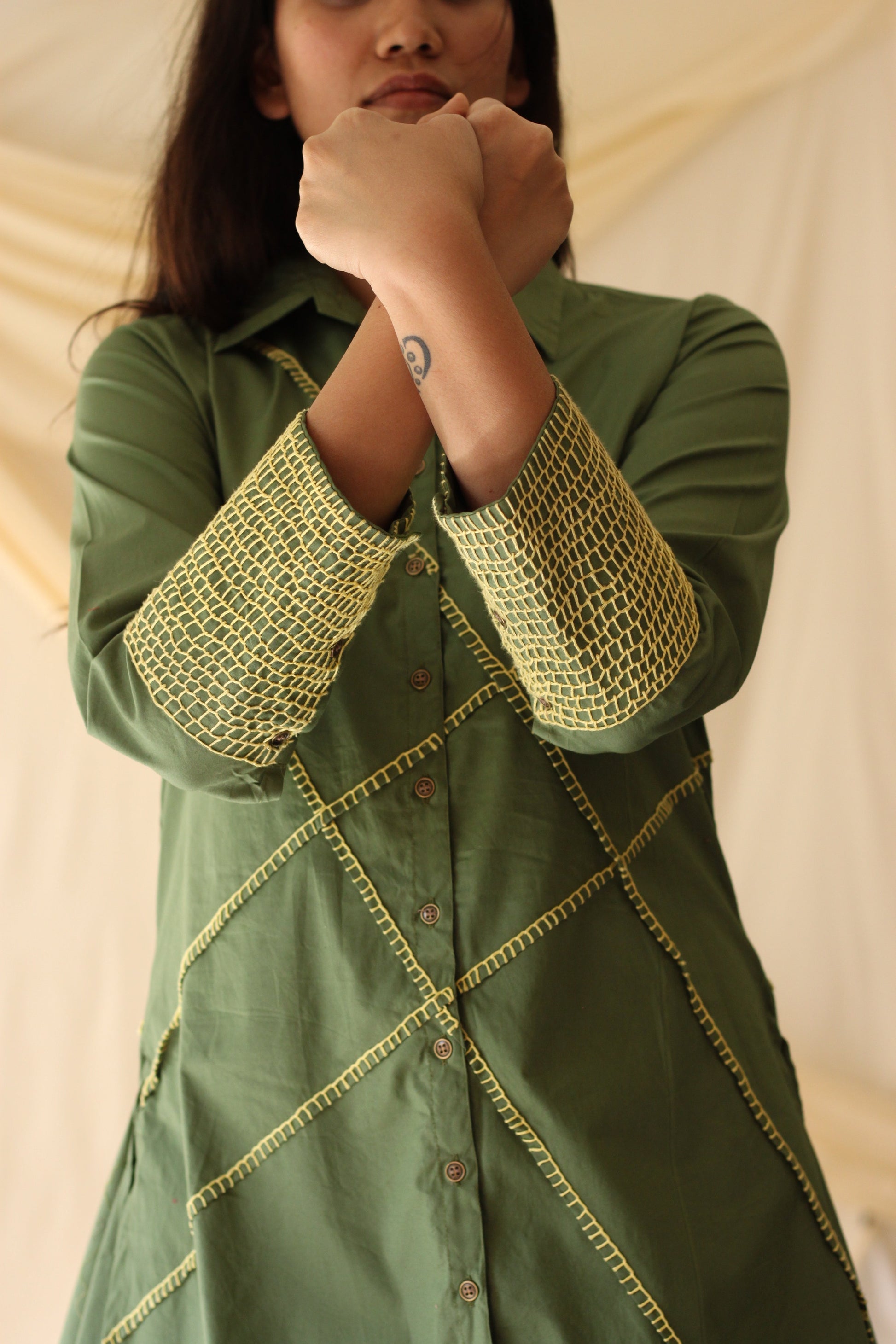 Green Embroidered Shirt at Kamakhyaa by Chambray & Co.. This item is Casual Wear, Cotton, Green, Natural, Regular Fit, Shirts, Solids, Tops, Womenswear