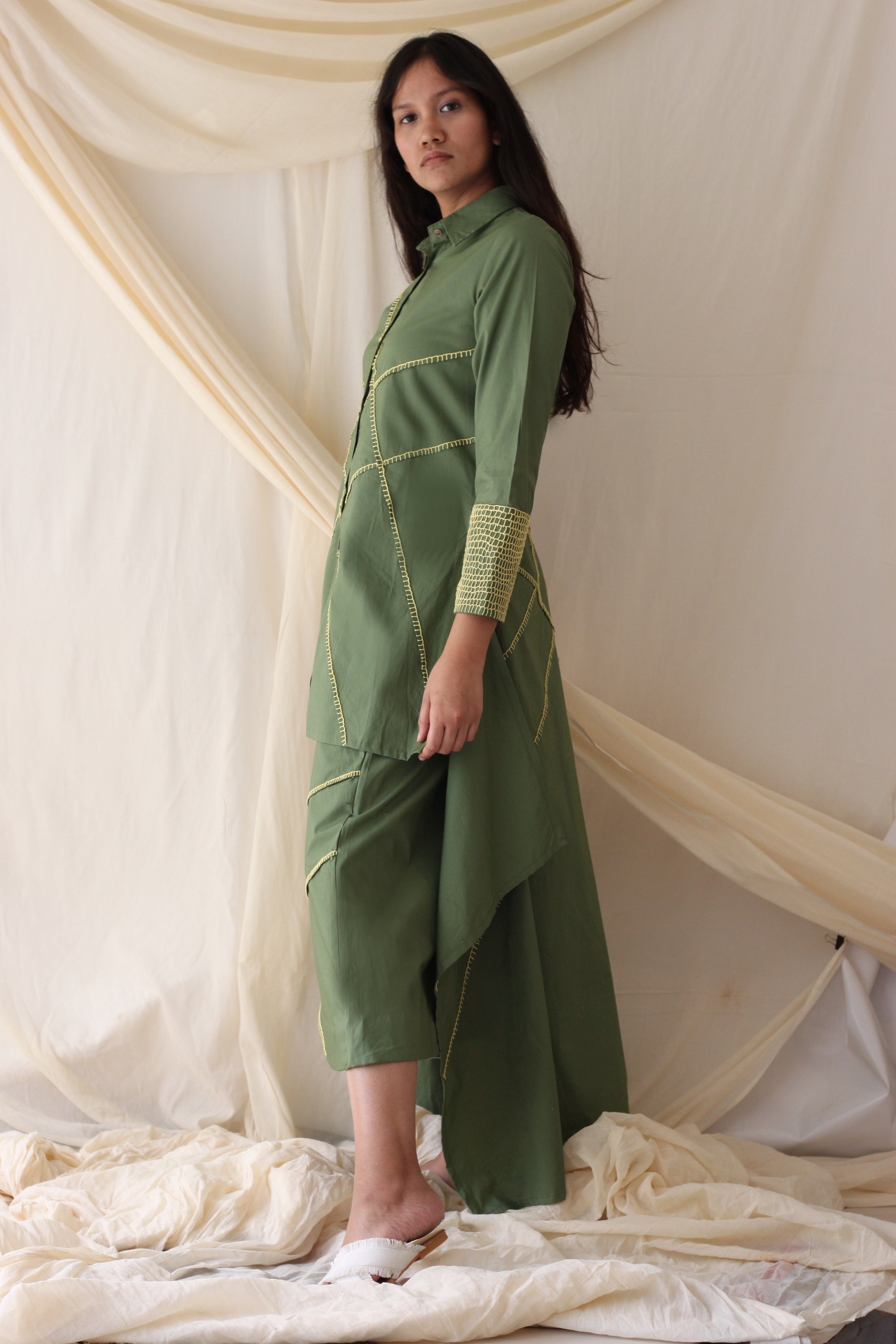 Green Embroidered Shirt at Kamakhyaa by Chambray & Co.. This item is Casual Wear, Cotton, Green, Natural, Regular Fit, Shirts, Solids, Tops, Womenswear