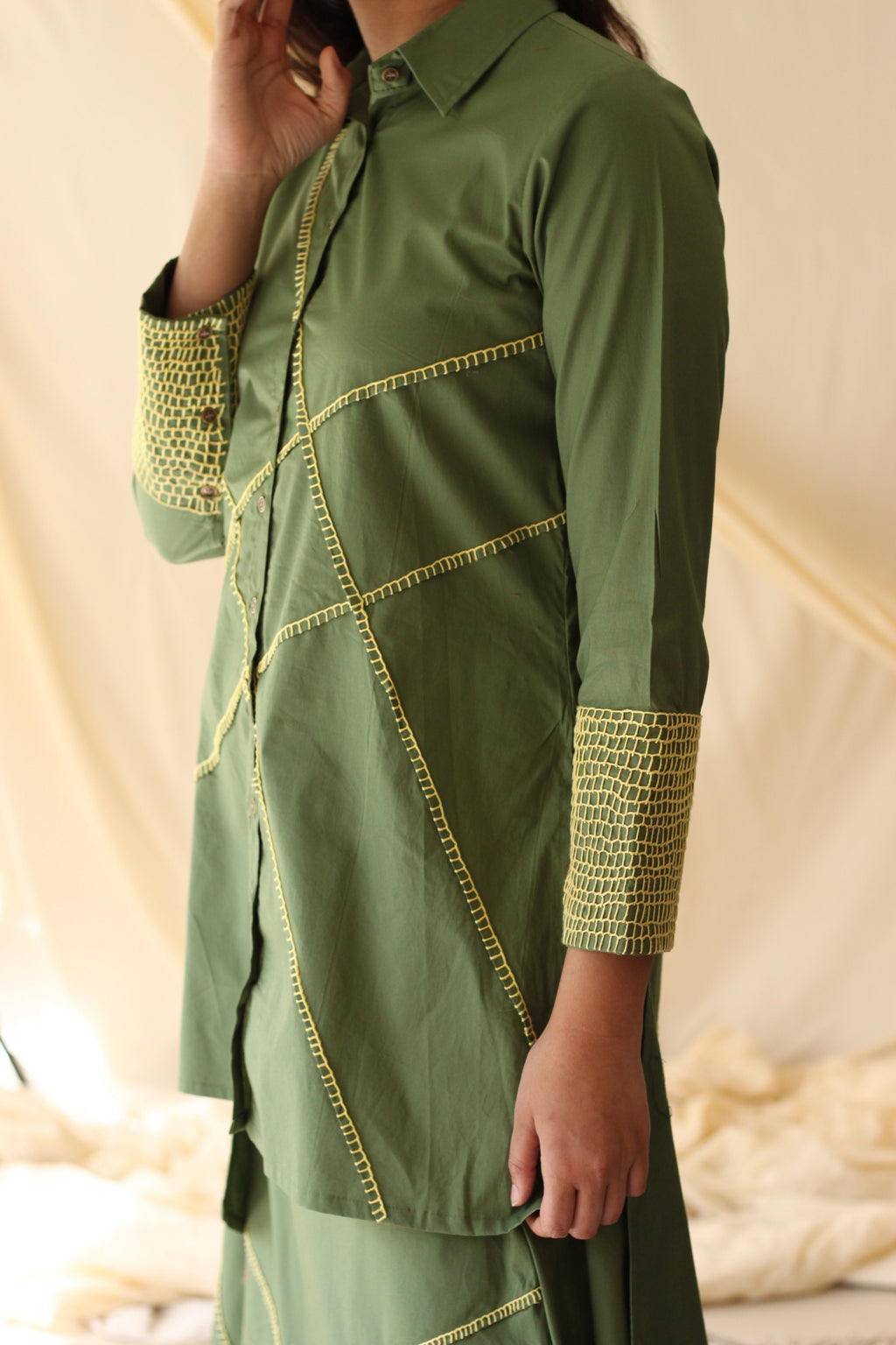 Green Embroidered Shirt at Kamakhyaa by Chambray & Co.. This item is Casual Wear, Cotton, Green, Natural, Regular Fit, Shirts, Solids, Tops, Womenswear
