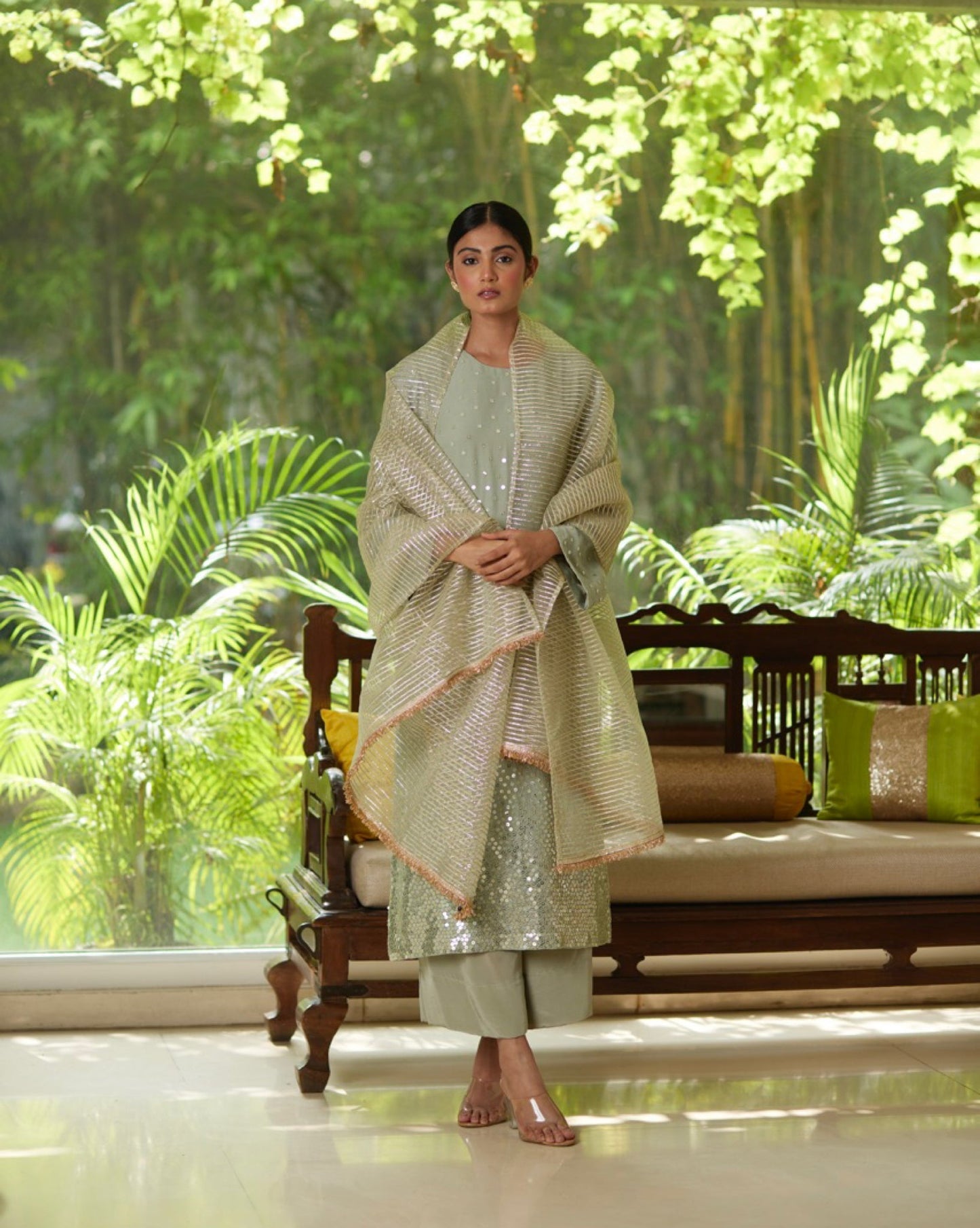 Green Gold Satin Silk Kurta Pant Set at Kamakhyaa by Mayura Kumar. This item is Casual Wear, Festive Wear, Gold, Green, Kurta Pant Sets, Mayura Kumar, Regular Fit, Satin, Silk, Silver, Solids, Timeless Elegance, Womenswear