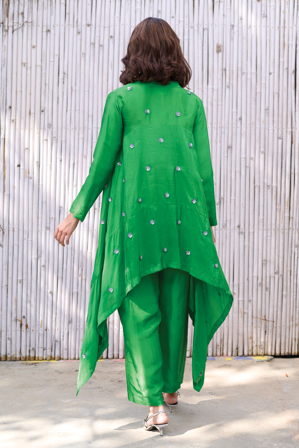 Green Hand Embroidered Two Piece Set at Kamakhyaa by Kanelle. This item is Dresses, Festive Wear, Green, Hand Embroidered, Natural, Partywear Co-ord, Partywear Co-ords, Rang, Relaxed Fit, Solid, Viscose Silk, Womenswear