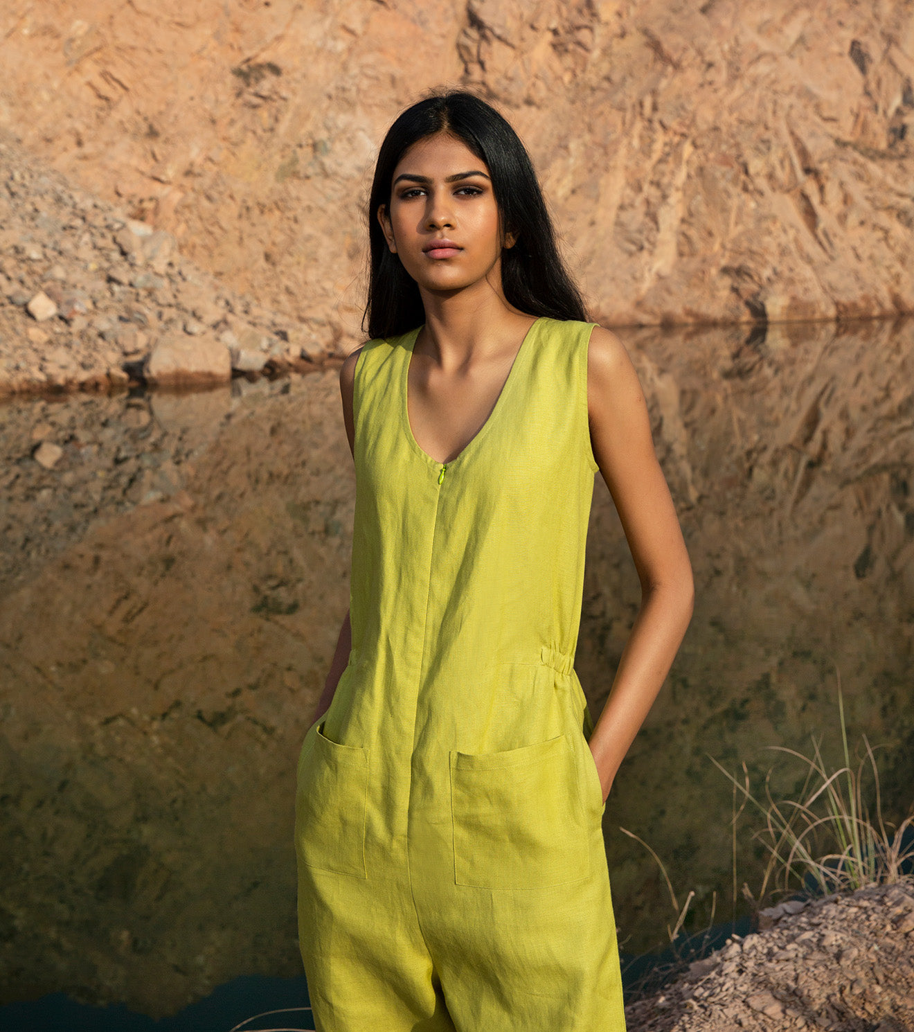 Green Jumpsuit With Pockets at Kamakhyaa by Khara Kapas. This item is 32 Days, Earth Party, Green, Jumpsuits, Linen, Natural, Regular Fit, Resort Wear, Solids, Womenswear