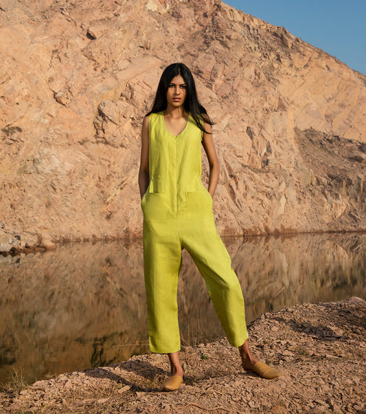 Green Jumpsuit With Pockets at Kamakhyaa by Khara Kapas. This item is 32 Days, Earth Party, Green, Jumpsuits, Linen, Natural, Regular Fit, Resort Wear, Solids, Womenswear