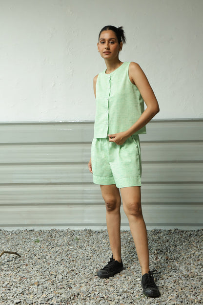 Green Khadi Cotton Top Shorts Co-Ord Set at Kamakhyaa by Canoopi. This item is Canoopi, Casual Wear, Complete Sets, Green, Khadi, Natural, Regular Fit, Solids, Vacation Co-ords, Womenswear
