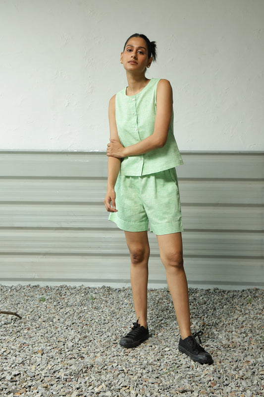 Green Khadi Cotton Top Shorts Co-Ord Set at Kamakhyaa by Canoopi. This item is Canoopi, Casual Wear, Complete Sets, Green, Khadi, Natural, Regular Fit, Solids, Vacation Co-ords, Womenswear