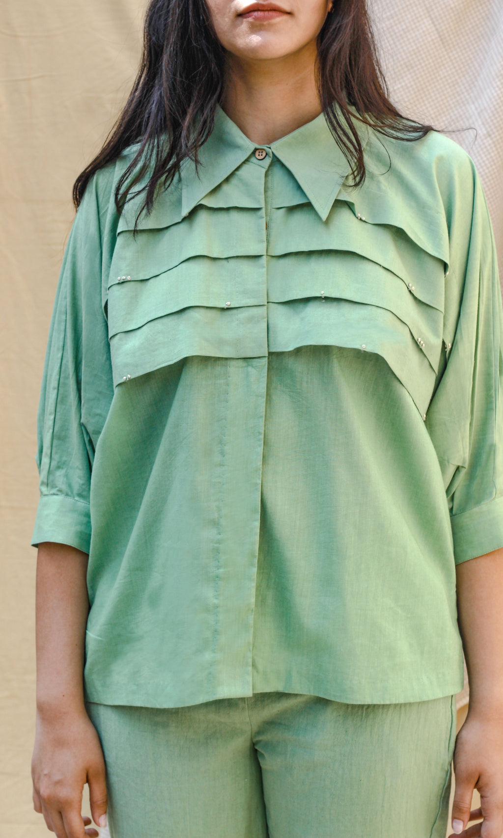 Green Linen Shirt With Pants Complete Set at Kamakhyaa by Chambray & Co.. This item is Casual Wear, Co-ord Sets, Echo, Green, Hand Spun Cotton, Linen, Natural, Office, Office Wear Co-ords, Regular Fit, Solids, Womenswear