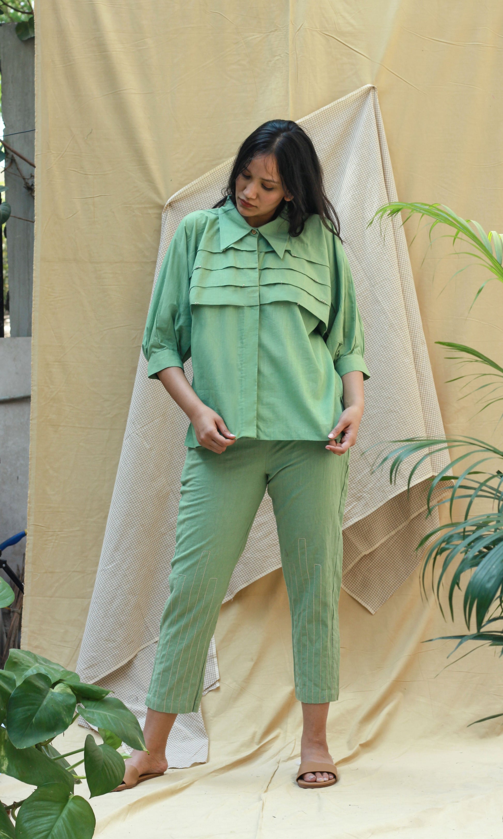 Green Linen Shirt With Pants Complete Set at Kamakhyaa by Chambray & Co.. This item is Casual Wear, Co-ord Sets, Echo, Green, Hand Spun Cotton, Linen, Natural, Office, Office Wear Co-ords, Regular Fit, Solids, Womenswear