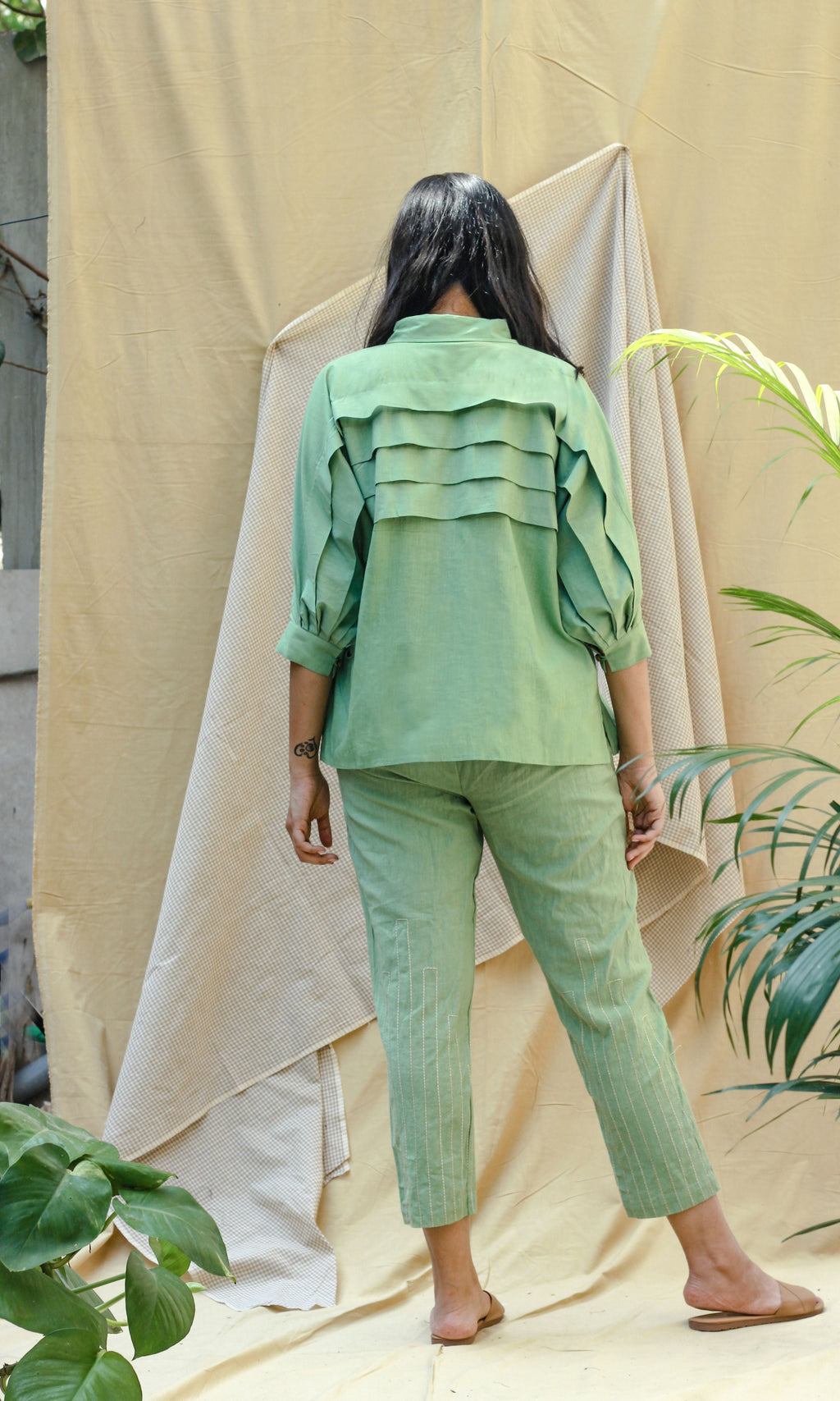 Green Linen Shirt With Pants Complete Set at Kamakhyaa by Chambray & Co.. This item is Casual Wear, Co-ord Sets, Echo, Green, Hand Spun Cotton, Linen, Natural, Office, Office Wear Co-ords, Regular Fit, Solids, Womenswear