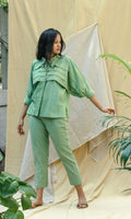 Green Linen Shirt With Pants Complete Set at Kamakhyaa by Chambray & Co.. This item is Casual Wear, Co-ord Sets, Echo, Green, Hand Spun Cotton, Linen, Natural, Office, Office Wear Co-ords, Regular Fit, Solids, Womenswear