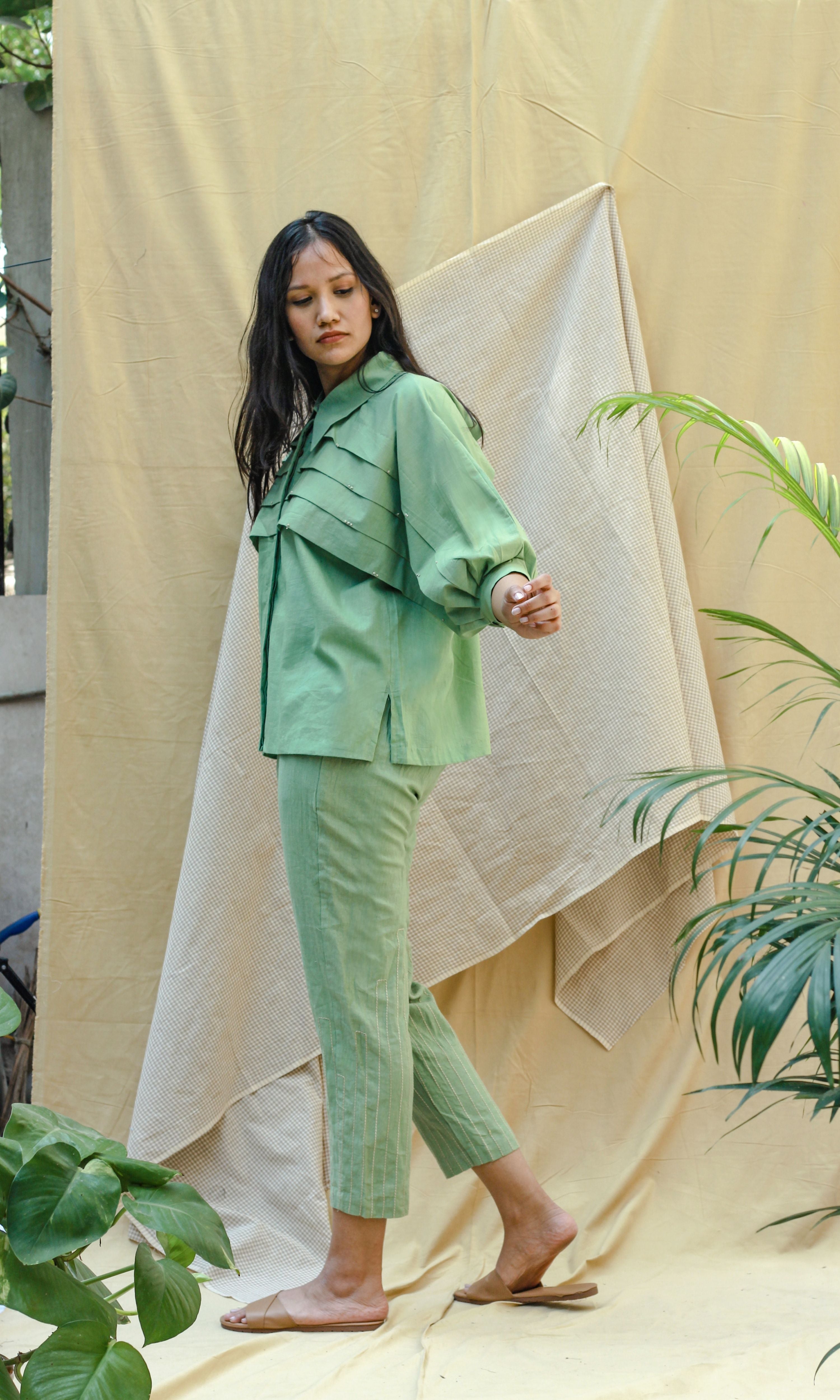Green Linen Shirt With Pants Complete Set at Kamakhyaa by Chambray & Co.. This item is Casual Wear, Co-ord Sets, Echo, Green, Hand Spun Cotton, Linen, Natural, Office, Office Wear Co-ords, Regular Fit, Solids, Womenswear