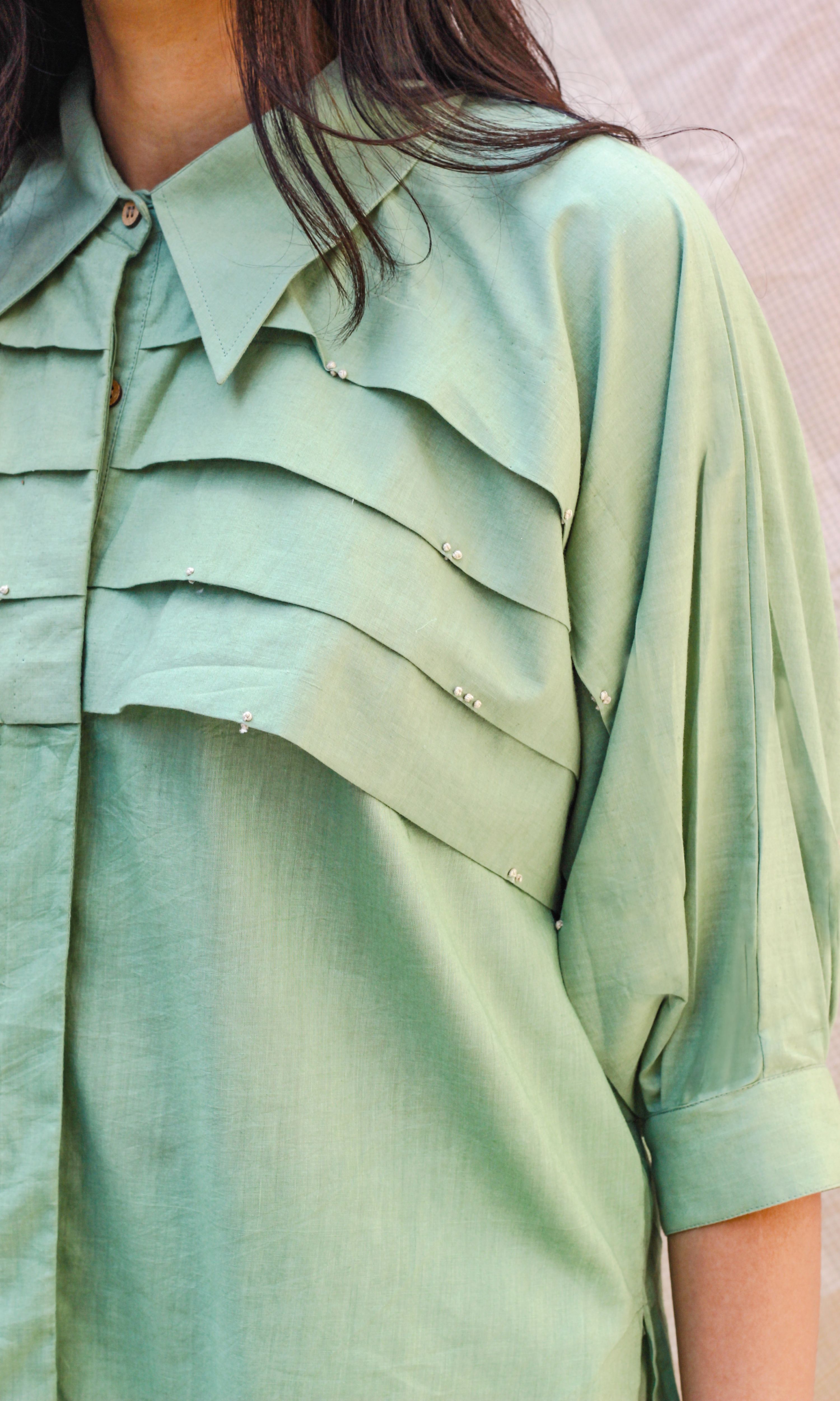 Green Linen Shirt With Pants Complete Set at Kamakhyaa by Chambray & Co.. This item is Casual Wear, Co-ord Sets, Echo, Green, Hand Spun Cotton, Linen, Natural, Office, Office Wear Co-ords, Regular Fit, Solids, Womenswear