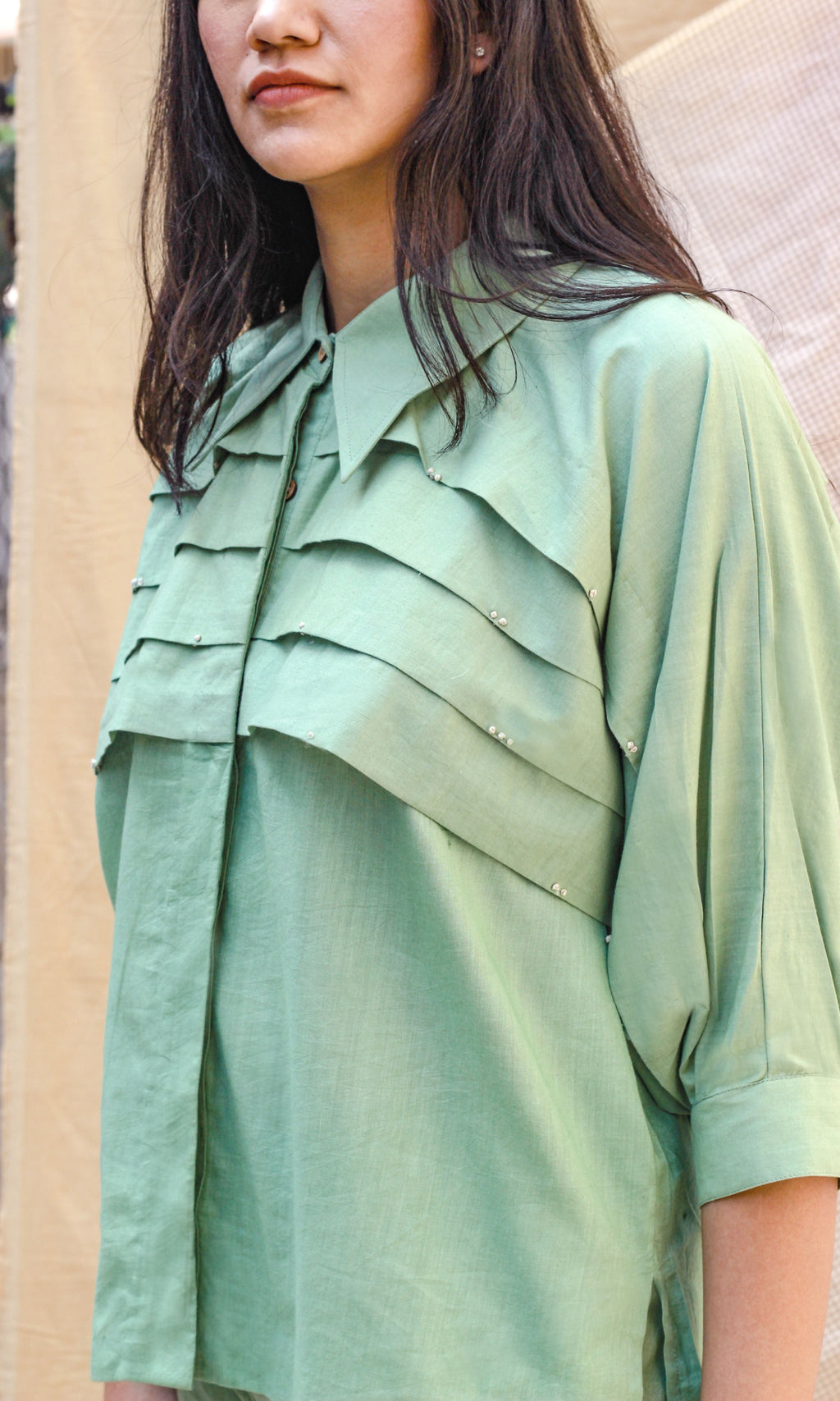 Green Linen Shirt With Pants Complete Set at Kamakhyaa by Chambray & Co.. This item is Casual Wear, Co-ord Sets, Echo, Green, Hand Spun Cotton, Linen, Natural, Office, Office Wear Co-ords, Regular Fit, Solids, Womenswear