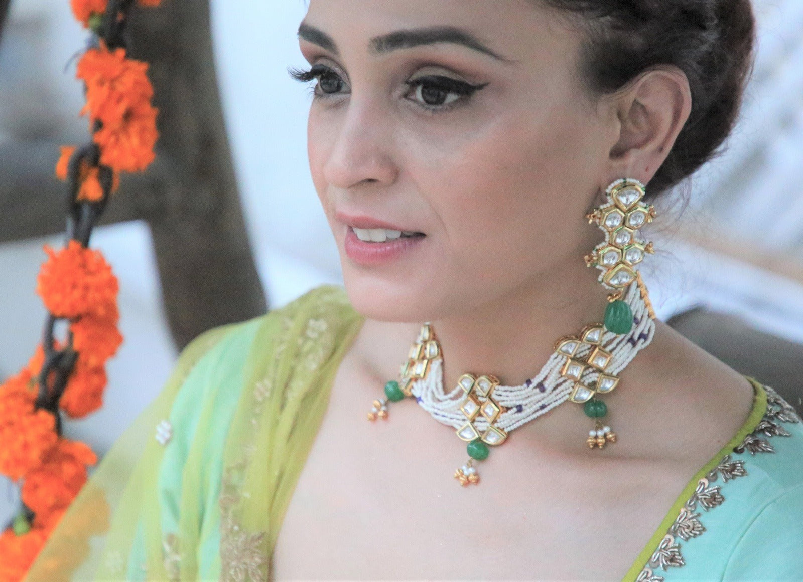 Green Long Earrings Kalika at Kamakhyaa by House Of Heer. This item is Alloy Metal, Festive Jewellery, Festive Wear, Free Size, Gemstone, Green, jewelry, July Sale, July Sale 2023, Long Earrings, Natural, Solids, Textured