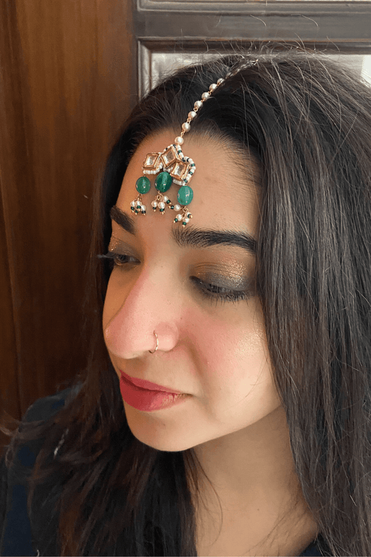 Green Mangtika Stonework kundan at Kamakhyaa by House Of Heer. This item is Alloy Metal, Festive Jewellery, Festive Wear, Free Size, Gemstone, Green, jewelry, July Sale, July Sale 2023, Less than $50, Mangtikkas, Natural, Pearl, Products less than $25, Solids