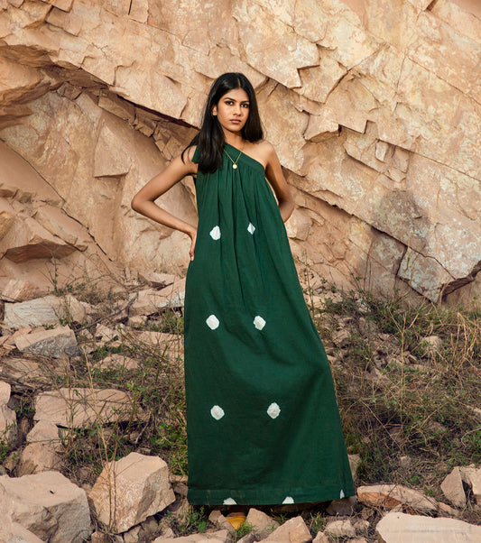 Green Maxi Dress at Kamakhyaa by Khara Kapas. This item is 32 Days, FB ADS JUNE, Green, Maxi Dresses, Mulmul, Natural, One Shoulder Dresses, Printed Selfsame, Regular Fit, Resort Wear, Solids, Womenswear
