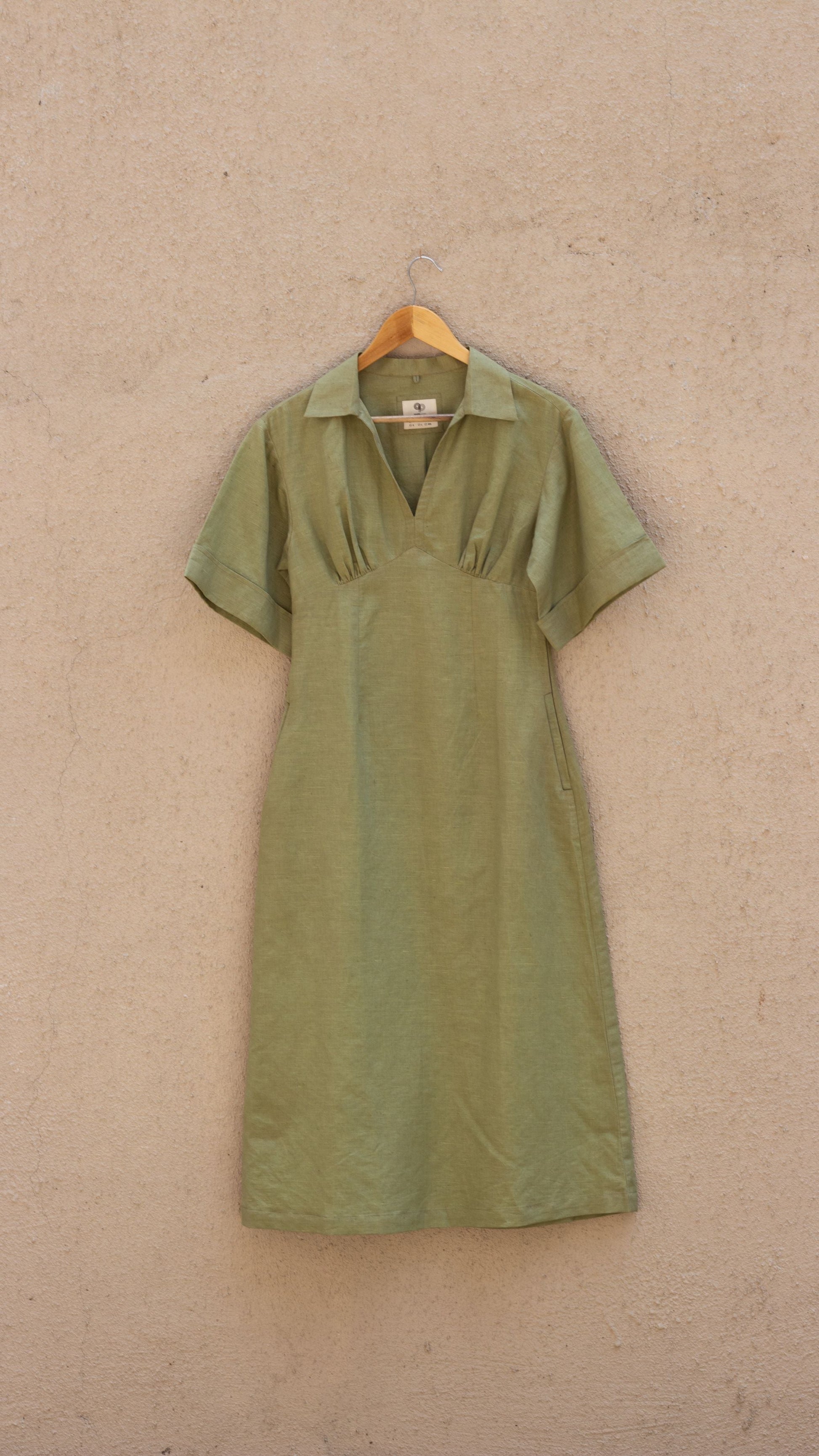 Green Midi Dress at Kamakhyaa by Anushé Pirani. This item is Casual Wear, Cotton, Cotton Hemp, Green, Handwoven, Hemp, Midi Dresses, Shibumi Collection, Shirt Dresses, Slim Fit, Solids, Womenswear