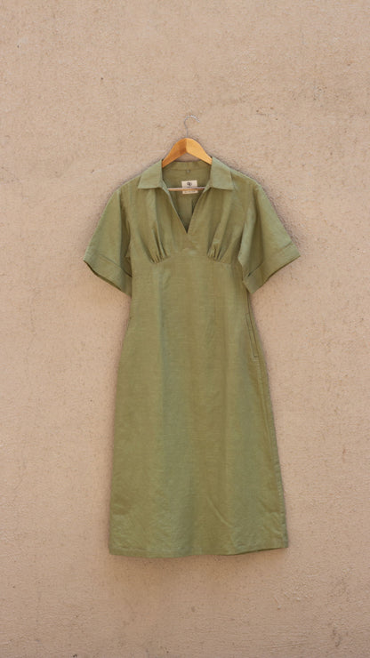 Green Midi Dress at Kamakhyaa by Anushé Pirani. This item is Casual Wear, Cotton, Cotton Hemp, Green, Handwoven, Hemp, Midi Dresses, Shibumi Collection, Shirt Dresses, Slim Fit, Solids, Womenswear