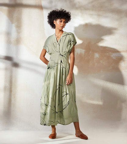 Green Midi Dress at Kamakhyaa by Khara Kapas. This item is Endless Summer, FB ADS JUNE, Green, Midi Dresses, Mulmul, Natural, Printed Selfsame, Prints, Regular Fit, Resort Wear, Womenswear