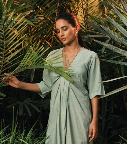 Green Midi Dress at Kamakhyaa by Khara Kapas. This item is Cotton Khadi, Green, Lost In paradise, Midi Dresses, Natural, Regular Fit, Resort Wear, Solids, Womenswear, Wrap Dresses