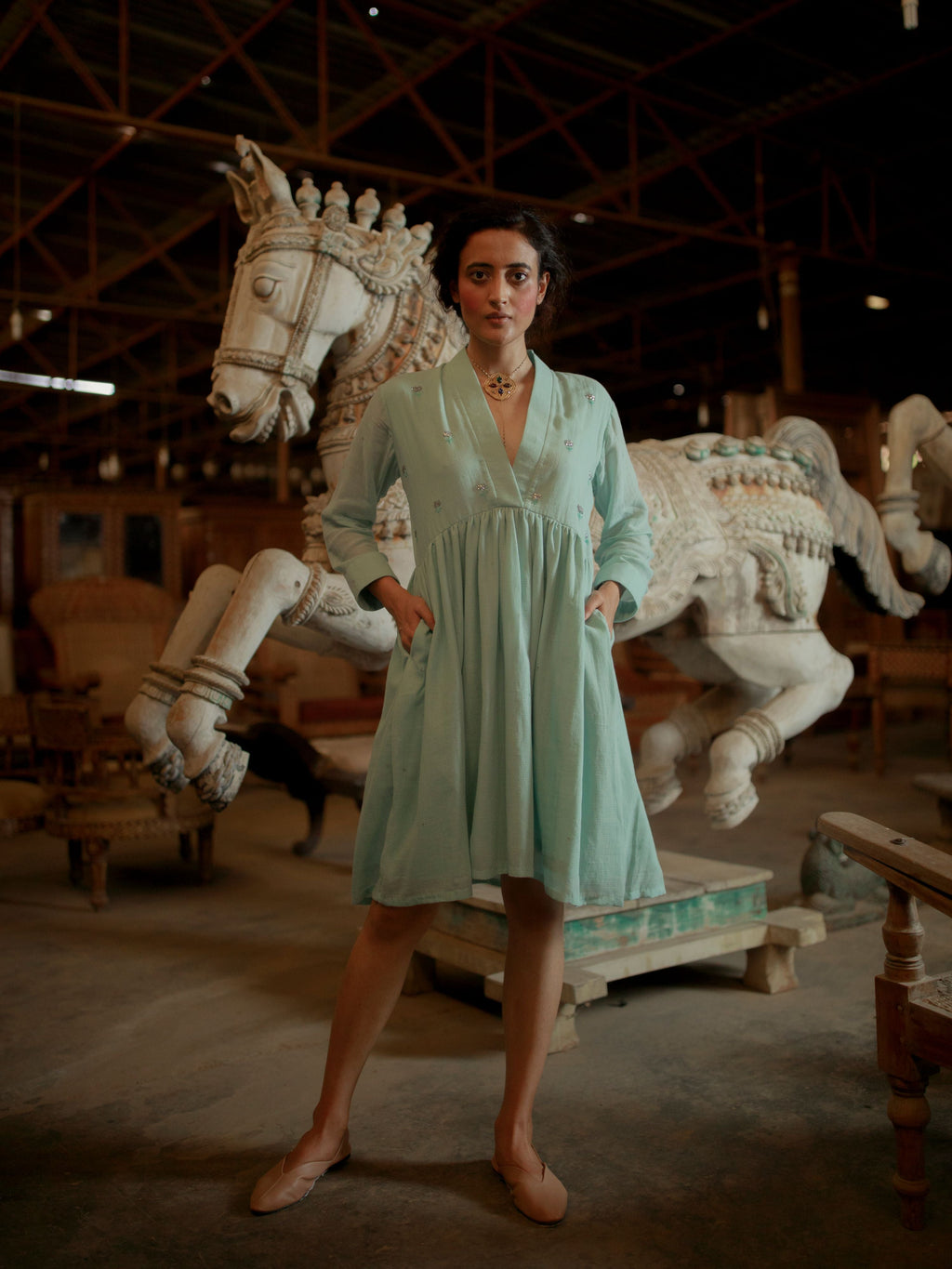 Green Midi Dress at Kamakhyaa by The Loom Art. This item is Green, July Sale, July Sale 2023, Mini Dresses, Natural, Party Wear, Regular Fit, Solids, Vintage Summer, Womenswear