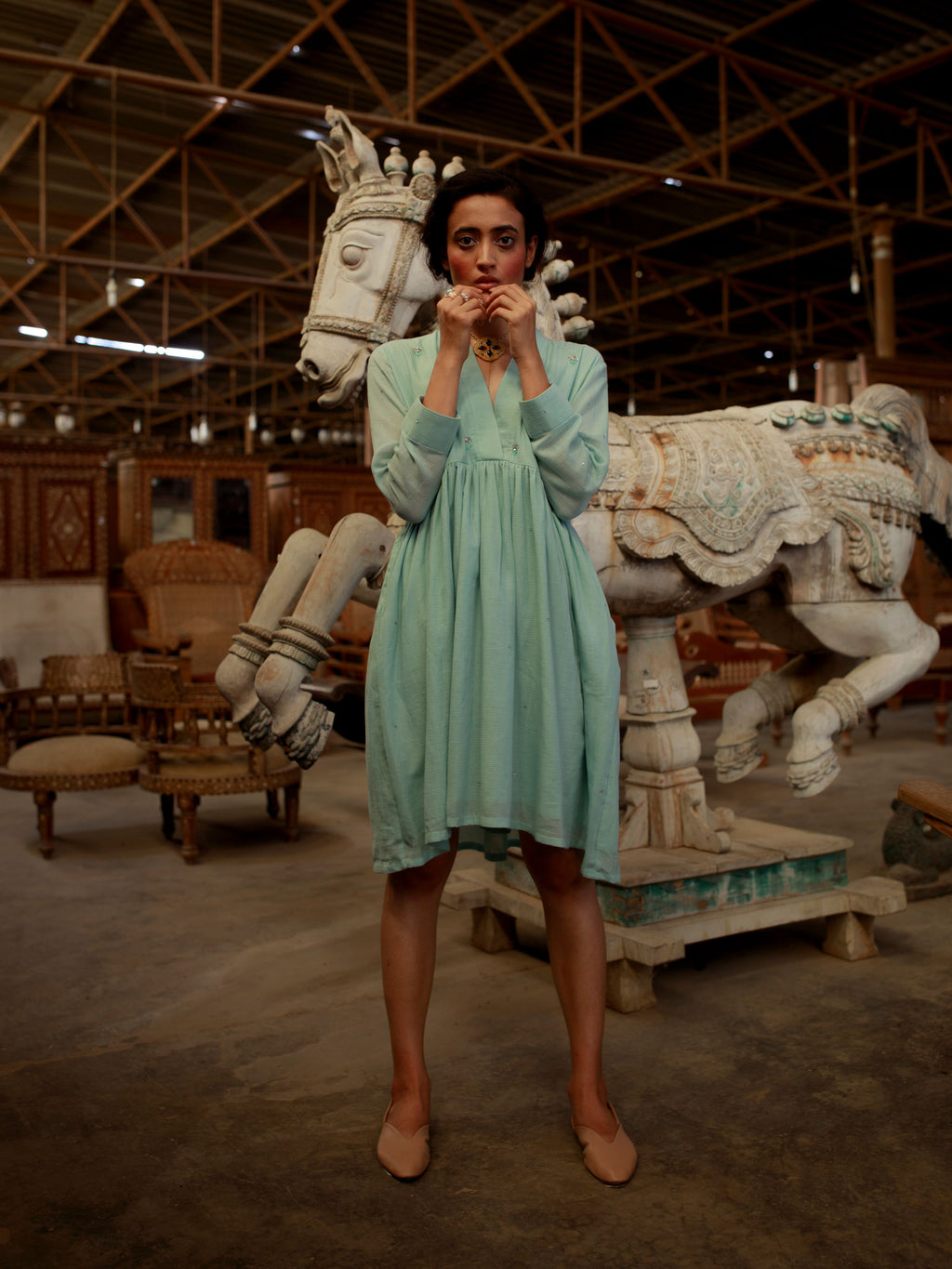 Green Midi Dress at Kamakhyaa by The Loom Art. This item is Green, July Sale, July Sale 2023, Mini Dresses, Natural, Party Wear, Regular Fit, Solids, Vintage Summer, Womenswear