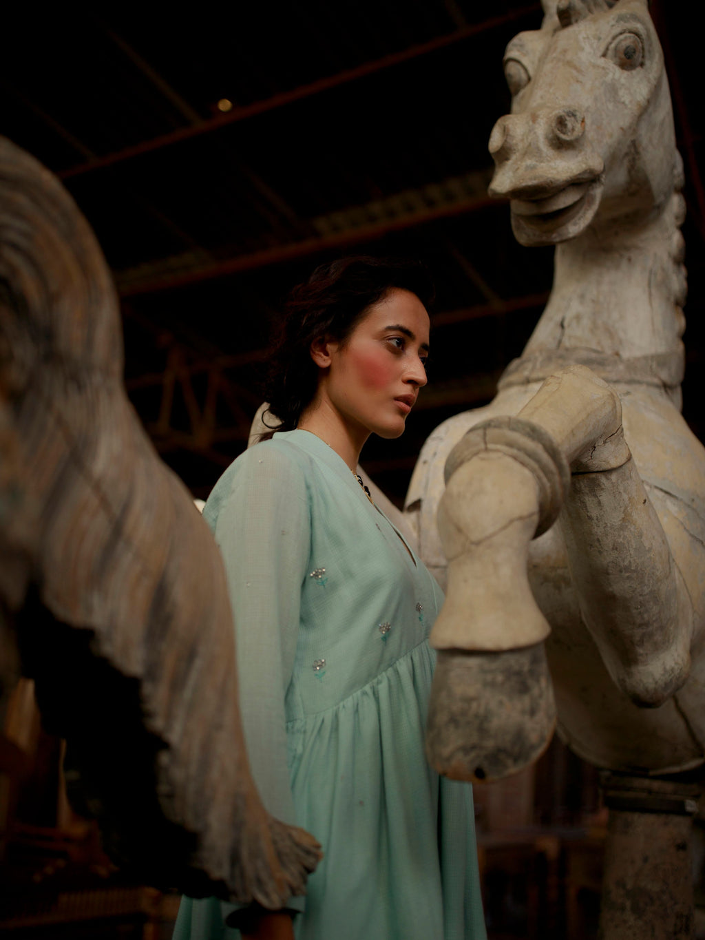 Green Midi Dress at Kamakhyaa by The Loom Art. This item is Green, July Sale, July Sale 2023, Mini Dresses, Natural, Party Wear, Regular Fit, Solids, Vintage Summer, Womenswear