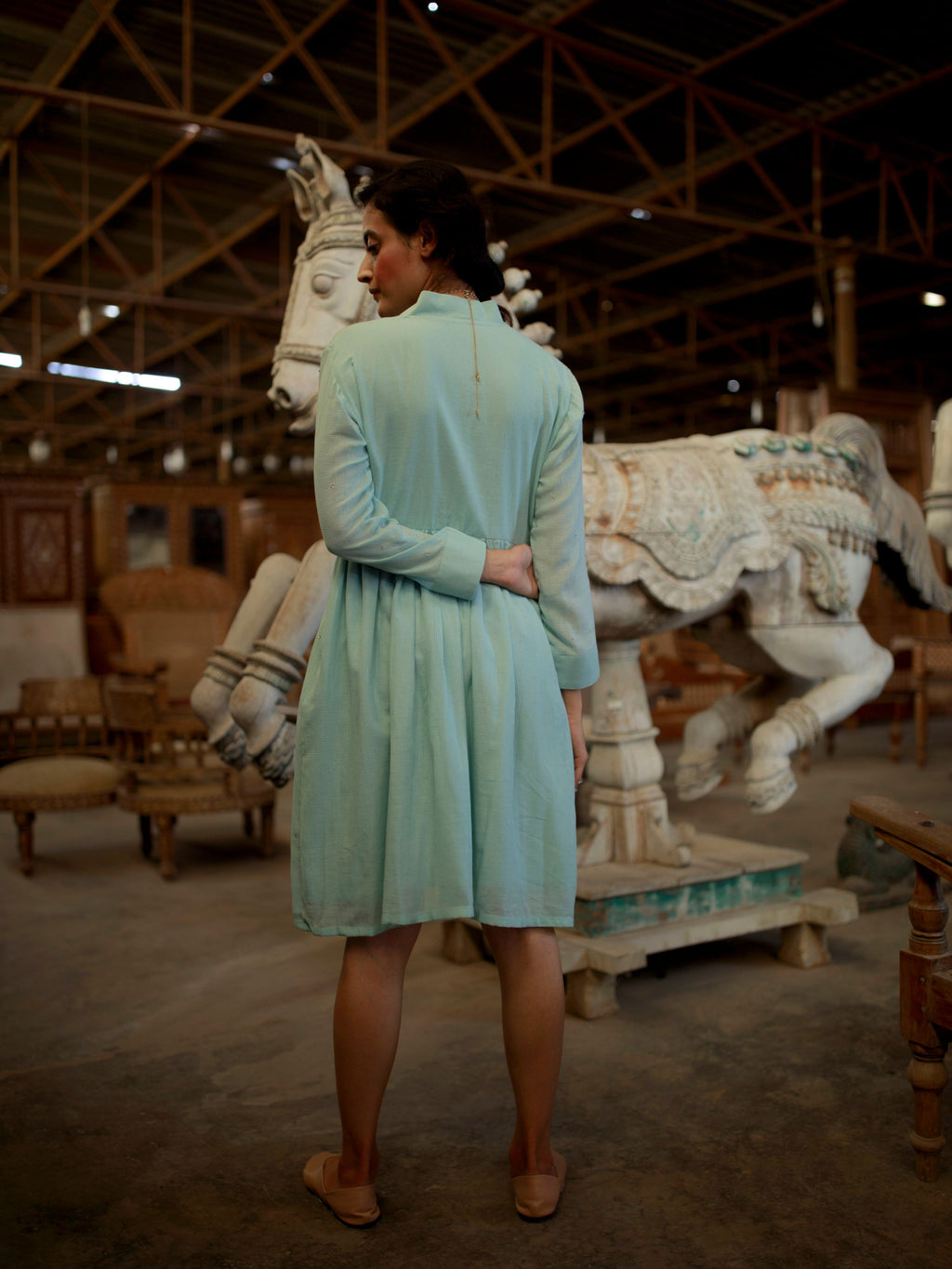 Green Midi Dress at Kamakhyaa by The Loom Art. This item is Green, July Sale, July Sale 2023, Mini Dresses, Natural, Party Wear, Regular Fit, Solids, Vintage Summer, Womenswear