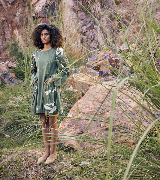 Green Mini Dress at Kamakhyaa by Khara Kapas. This item is 100% Cotton, Casual Wear, Green, Mini Dresses, Organic, Printed Selfsame, Prints, Regular Fit, Under The Autumn Moon A/W 2022, Womenswear