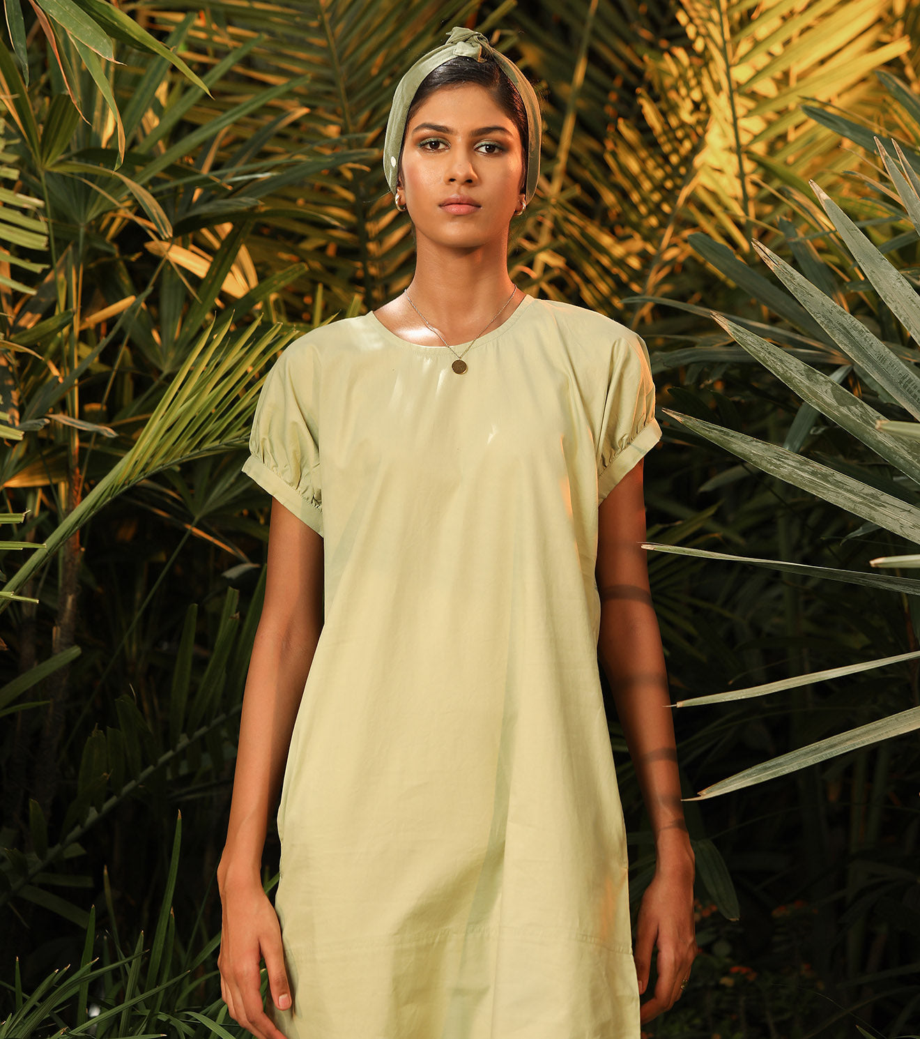 Green Mini Dress at Kamakhyaa by Khara Kapas. This item is Green, Lost In paradise, Mini Dresses, Natural, Poplin, Regular Fit, Resort Wear, Solids, Womenswear
