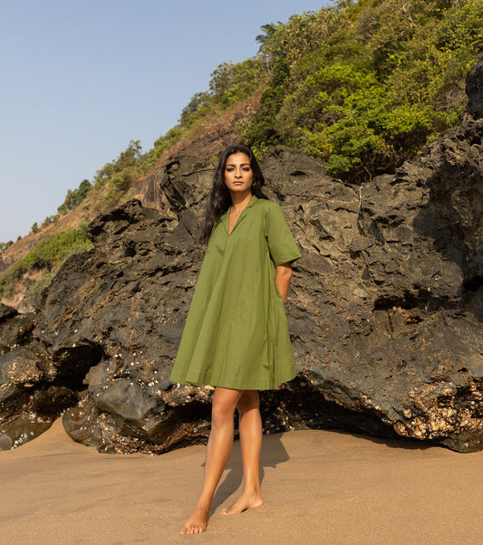 Green Mini Dress with pockets at Kamakhyaa by Khara Kapas. This item is Cotton, For Her, Green, Mini Dresses, Natural, Oh Carol, Regular Fit, Resort Wear, Solid Selfmade, Solids, Womenswear