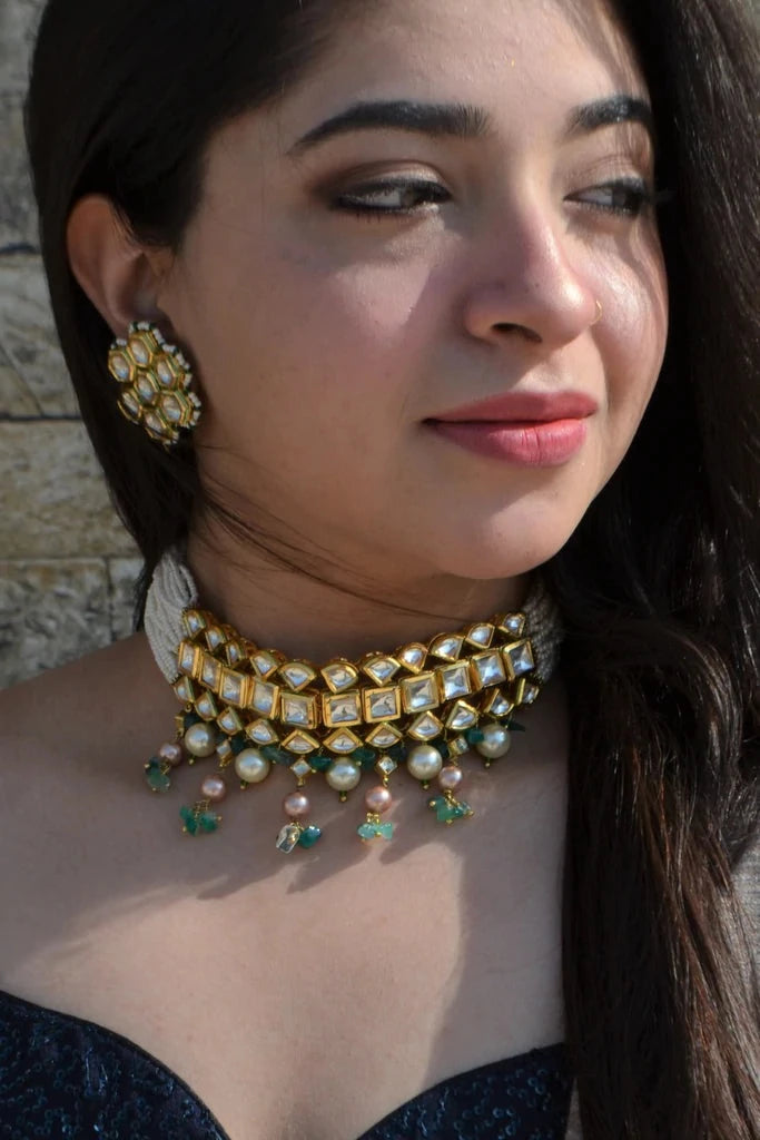 Green Necklace Set Kundankari Hasli at Kamakhyaa by House Of Heer. This item is Add Ons, Alloy Metal, Festive Jewellery, Festive Wear, Free Size, Green, jewelry, Jewelry Sets, July Sale, July Sale 2023, Natural, Necklaces, Pearl, Polkis, Textured