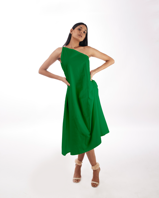 Green One Shoulder Dress at Kamakhyaa by Kamakhyaa. This item is 100% pure cotton, Evening Wear, FB ADS JUNE, Green, KKYSS, Natural, One Shoulder Dresses, Regular Fit, Solids, Summer Sutra, Womenswear