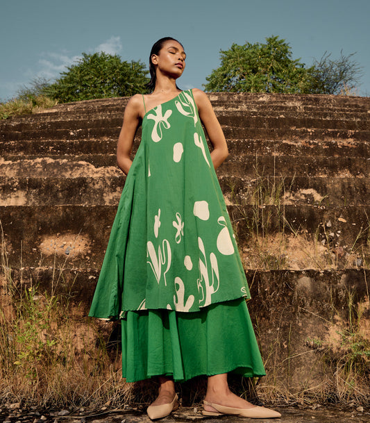 Green One Shoulder Dress at Kamakhyaa by Khara Kapas. This item is Birdsong, Casual Wear, comfort fashion, cotton, Green, handcrafted, handmade, kharakapas, One Shoulder Dresses, Prints, pure cotton, Womenswear