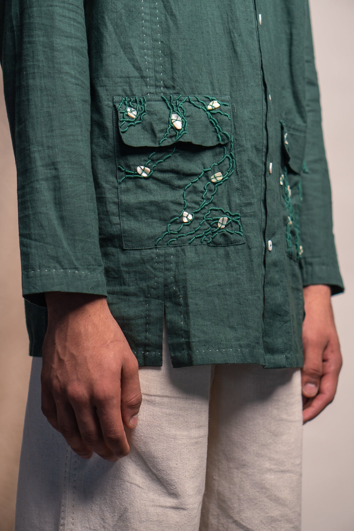 Green Panelled Shirt at Kamakhyaa by Lafaani. This item is 100% pure cotton, Casual Wear, Green, Menswear, Natural with azo free dyes, Organic, Regular Fit, Rewind, Shirts, Solids