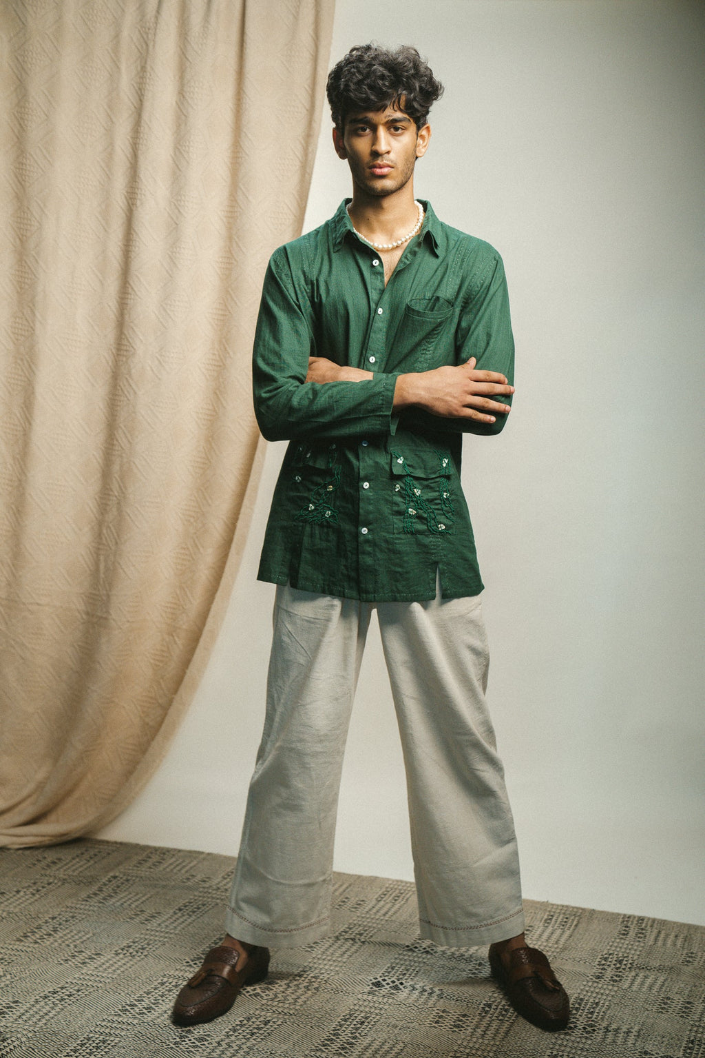 Green Panelled Shirt at Kamakhyaa by Lafaani. This item is 100% pure cotton, Casual Wear, Green, Menswear, Natural with azo free dyes, Organic, Regular Fit, Rewind, Shirts, Solids