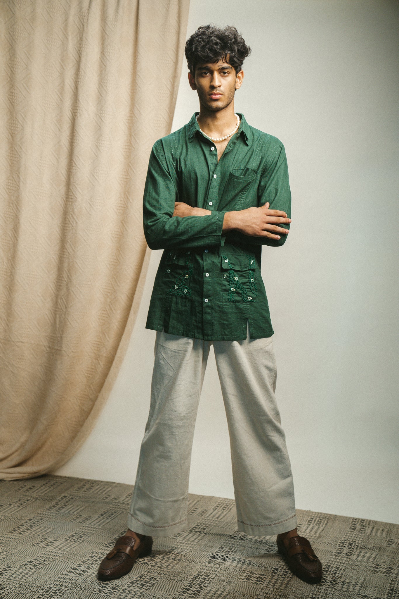 Green Panelled Shirt at Kamakhyaa by Lafaani. This item is 100% pure cotton, Casual Wear, Green, Menswear, Natural with azo free dyes, Organic, Regular Fit, Rewind, Shirts, Solids