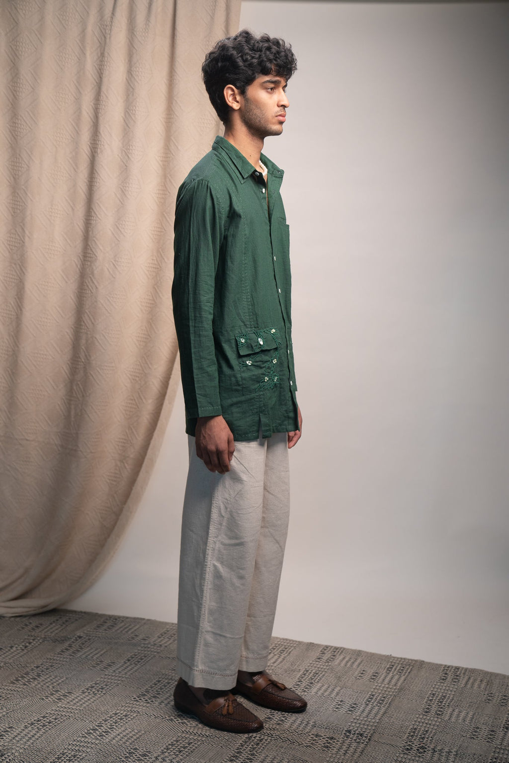 Green Panelled Shirt at Kamakhyaa by Lafaani. This item is 100% pure cotton, Casual Wear, Green, Menswear, Natural with azo free dyes, Organic, Regular Fit, Rewind, Shirts, Solids