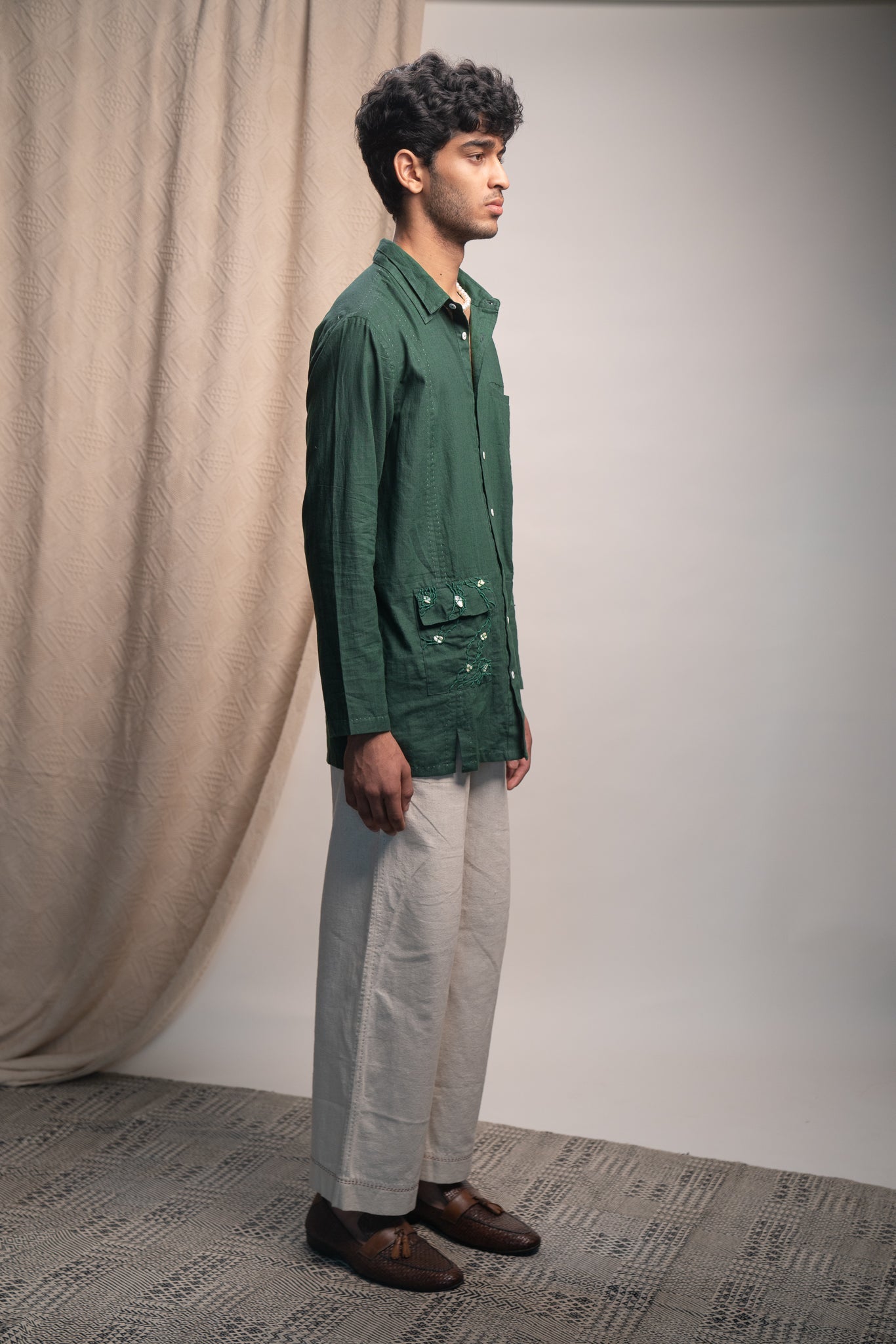 Green Panelled Shirt at Kamakhyaa by Lafaani. This item is 100% pure cotton, Casual Wear, Green, Menswear, Natural with azo free dyes, Organic, Regular Fit, Rewind, Shirts, Solids