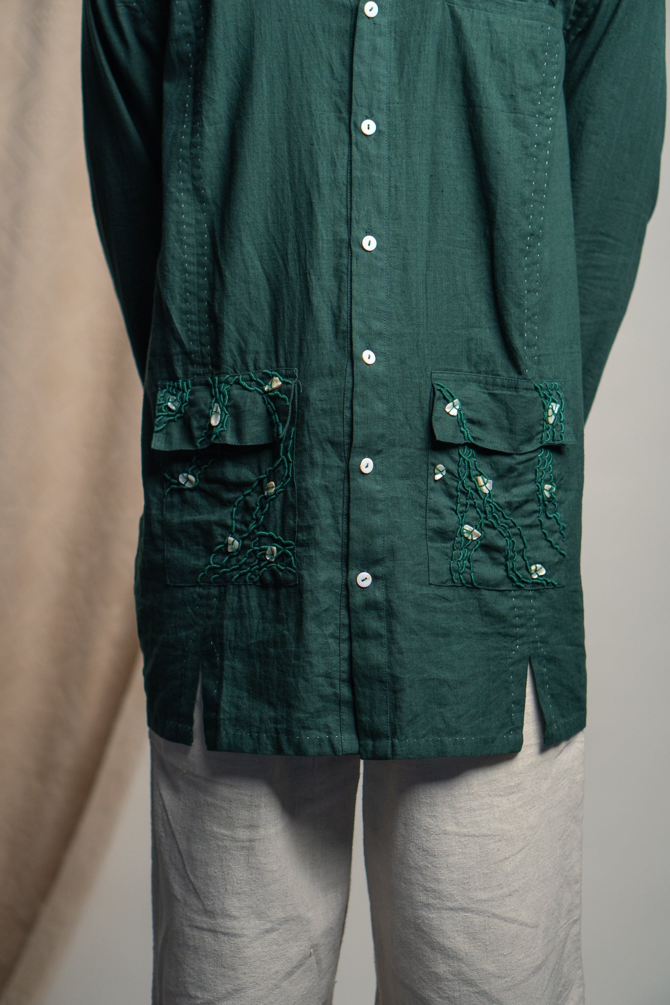 Green Panelled Shirt at Kamakhyaa by Lafaani. This item is 100% pure cotton, Casual Wear, Green, Menswear, Natural with azo free dyes, Organic, Regular Fit, Rewind, Shirts, Solids
