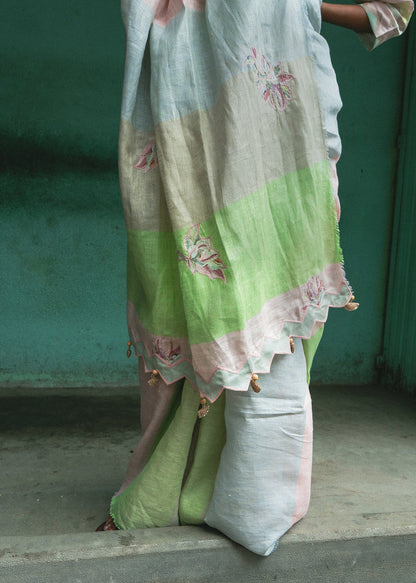 Green Patchwork Saree at Kamakhyaa by Aeka. This item is Festive Wear, For Mother, Green, Indian Wear, Linen, Natural, Patchwork, Regular Fit, Saree Sets, Womenswear