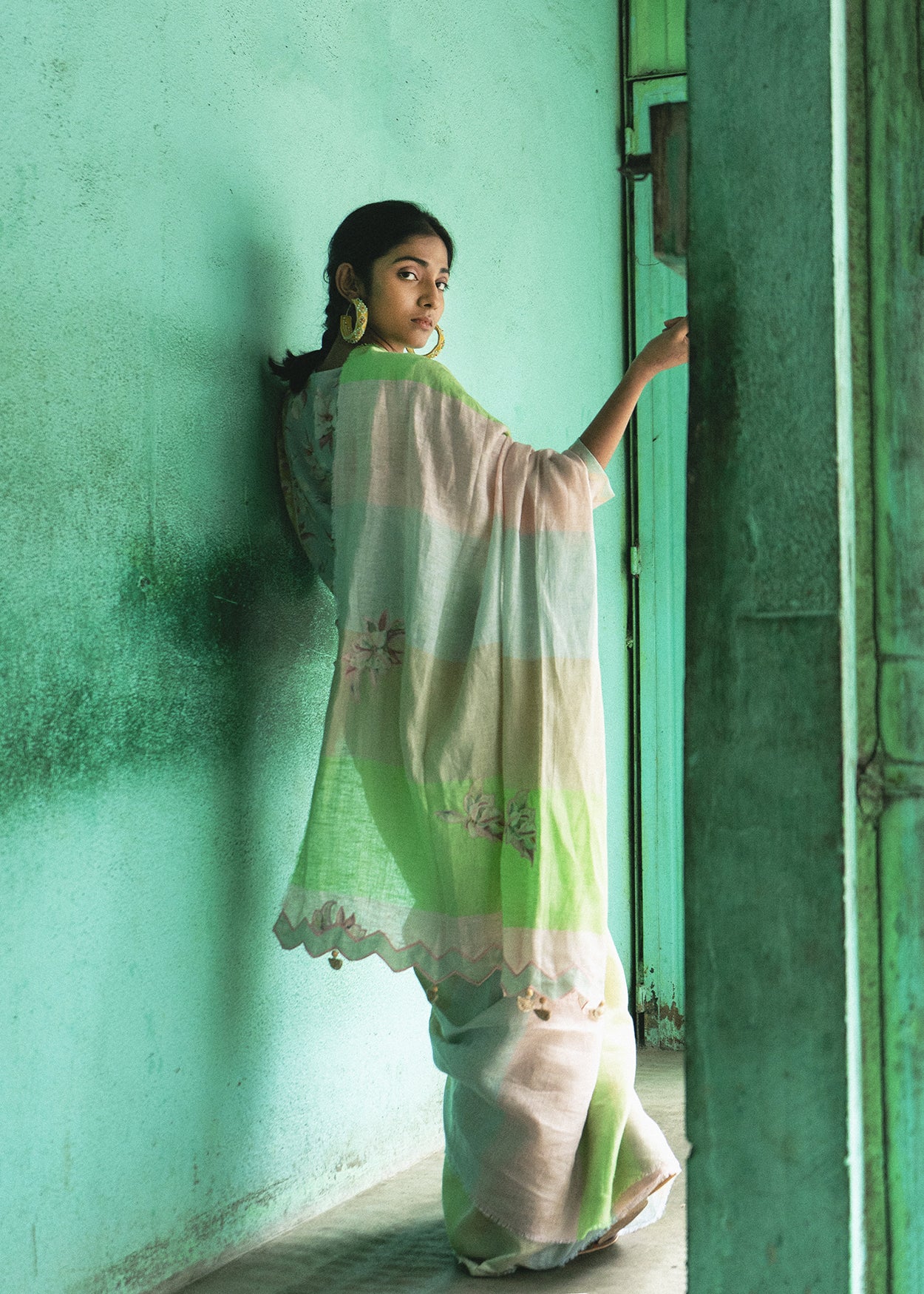 Green Patchwork Saree at Kamakhyaa by Aeka. This item is Festive Wear, For Mother, Green, Indian Wear, Linen, Natural, Patchwork, Regular Fit, Saree Sets, Womenswear
