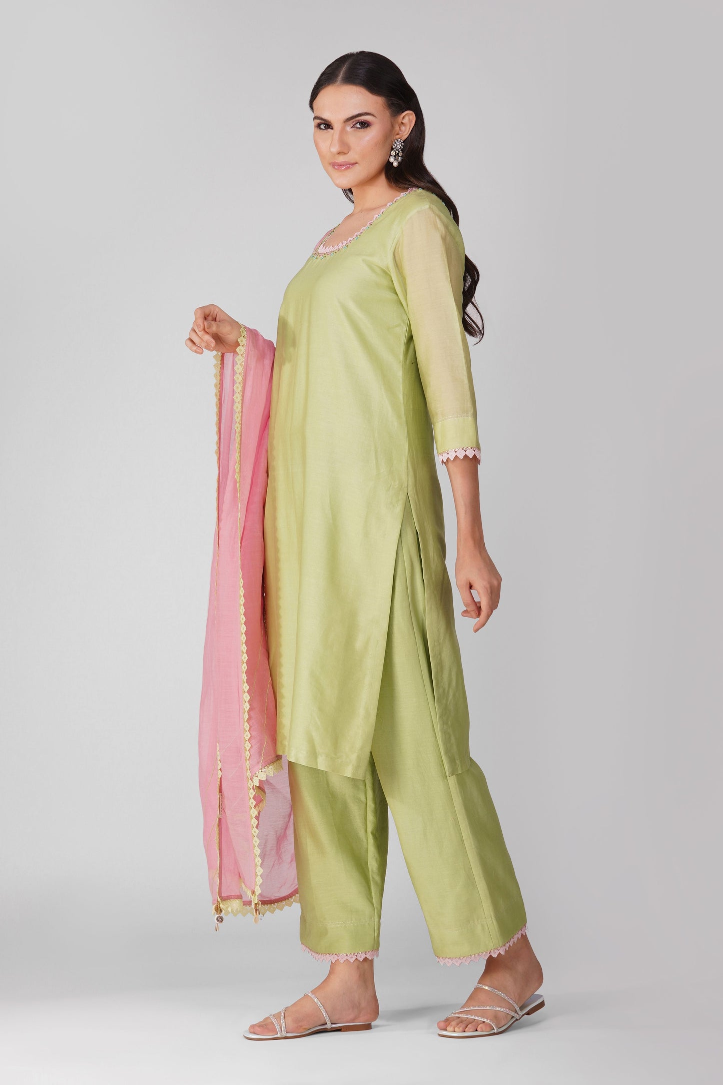 Green-Pink Chanderi Kurta Pant Set at Kamakhyaa by Devyani Mehrotra. This item is Chanderi, Embellished, Green, Indian Wear, Natural, Party Wear, Pink, Regular Fit, Womenswear